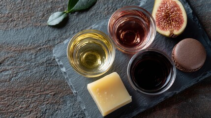 Fototapeta premium wine tasting presentation, a beautifully presented magazine-style flight with chardonnay, ros, merlot, and dessert wine paired with bites on a dark wood and slate board