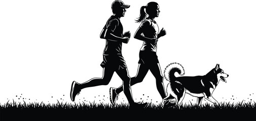 Silhouette of a man and woman running on grass field with their husky dog for healthy outdoor fitness exercise flavector © Rotna creatives