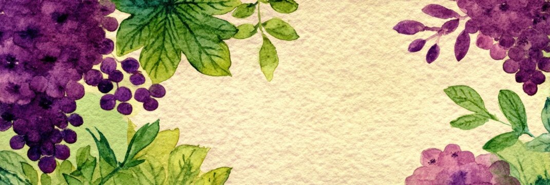 watercolor postcard, a handmade watercolor postcard featuring a deep plum and violet wine splash on the left, transitioning into a minimalist grapevine illustration the remaining space is a
