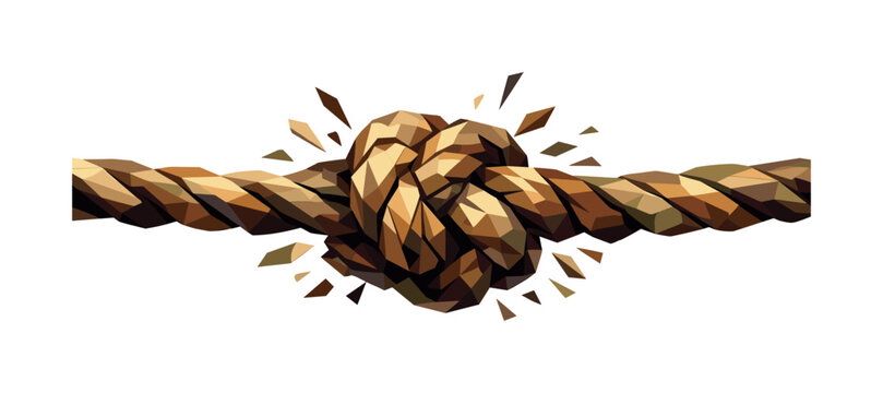 Low-poly vector illustration of a rope knot pulled tight, thick rope strands twisting into a compact central knot with sharply