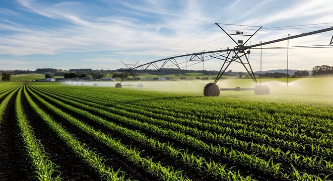 A large center pivot irrigation system waters a vast field of young crops growing in rows on a sunny day with a blue sky and white clouds