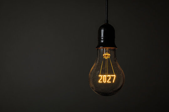 A glowing 2027 light bulb on dark grey