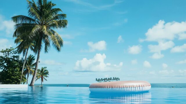 Tropical paradise with infinity pool, palm trees, and a distant island