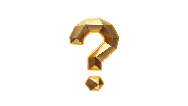 Golden faceted question mark, isolated on transparent background for conceptual use