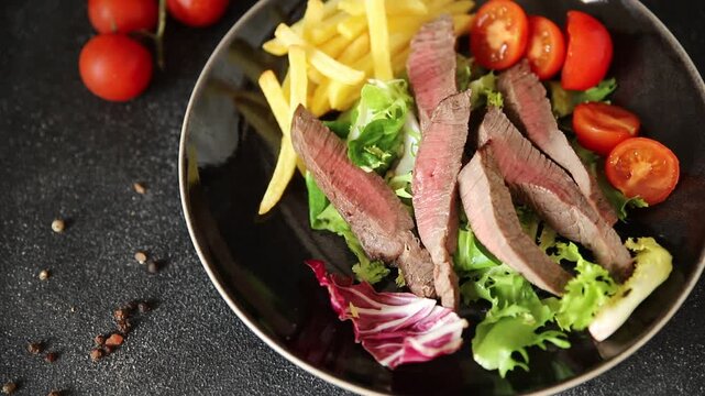 roast beef salad meat dish beef perfectly cooked meat tasty snack fresh tasty gourmet food background on the table rustic food top view copy space