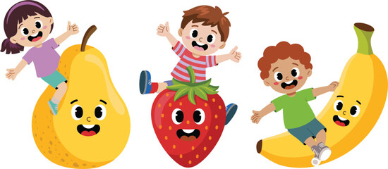 Naklejka premium Happy kids playing on cute fruit characters including pear, strawberry, and banana showing fun, health, and playful childhood imagination