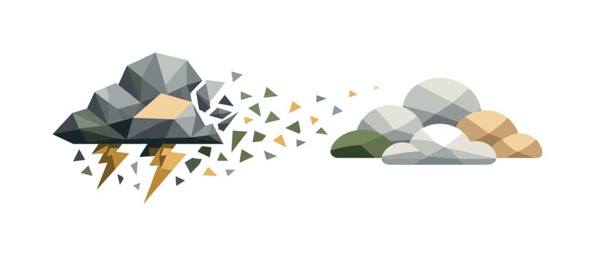 Low-poly vector illustration of storm fragments settling into calm cloud shapes, angular cloud polygons smoothing while