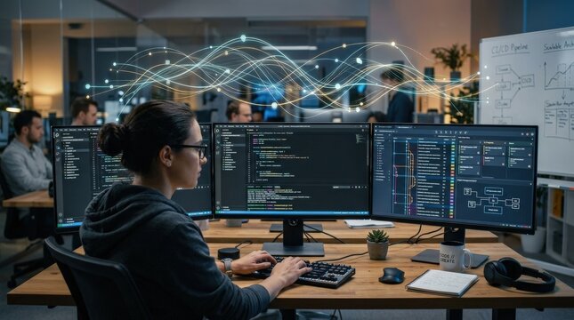 A professional software developer seated at a wide multi-monitor workstation with glowing code panels and collaborative version control visualizations visible across screens, abstract digital