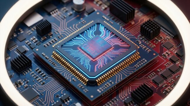 A high-tech CPU is shown in detailed macro on a blue and red circuit board, intricate connections and micro-components forming a dense and precise computing architecture, photorealistic, cinematic