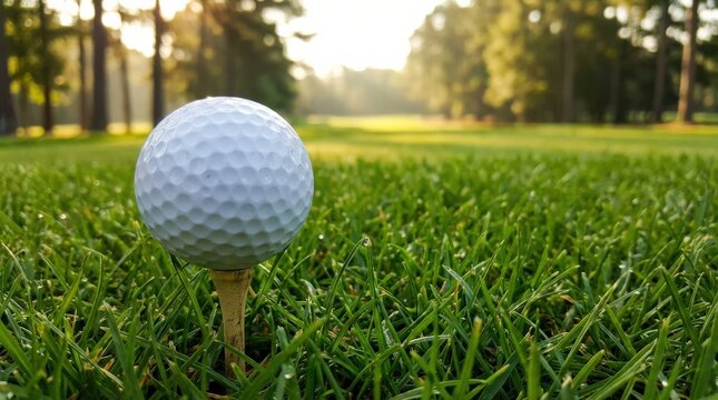 A pristine white golf ball perched on a slim wooden tee nestled in lush manicured emerald green fairway grass, captured in extreme close-up with extraordinary macro detail revealing the dimple pattern