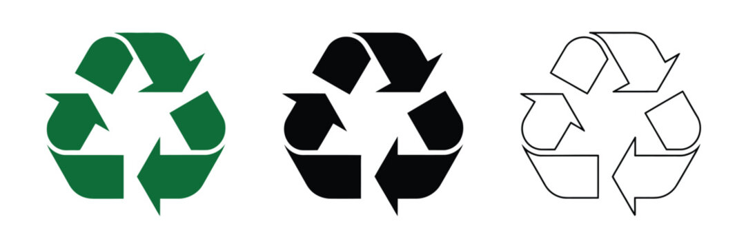 Recycle symbol set, recycling arrows icons, environmental sustainability symbols, eco conservation signs, waste reduction concept, clean vector design elements for branding, packaging labels, and gree