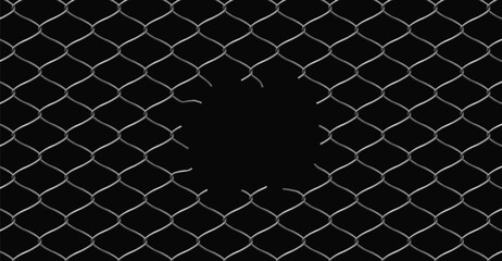 Broken wire net fence vector realistic illustration, steel chain link fence lattice with torn metal damaged barrier hole