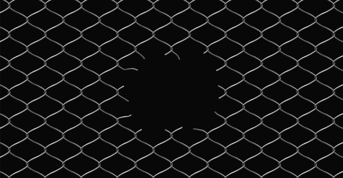 Broken wire net fence vector realistic illustration, steel chain link fence lattice with torn metal damaged barrier hole