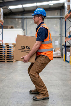 Warehouse worker lifting box safely using proper manual handling technique
