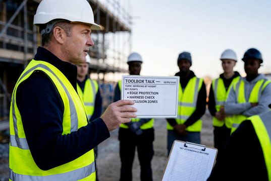 Construction Manager Leading Toolbox Talk for Workers on Site