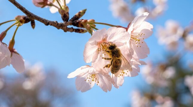 A beautifully composed macro shot of a slender cherry blossom branch adorned with soft blush-pink flowers in full bloom, a furry honey bee perched on a blossom collecting golden nectar, gossamer