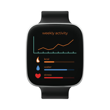 Activity tracking smartwatch, realistic 3d vector fitness smartwatch dashboard with weekly activity, kcal, water, stress