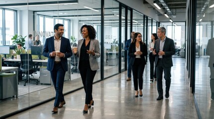 Fototapeta premium A diverse group of confident business professionals walking and conversing in pairs through a sleek modern office corridor, coffee cups in hand, their animated discussion creating an atmosphere of