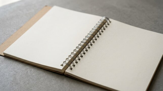A spiral notebook with blank pages on gray background, realistic binding detail and soft shadows, shot on Sony A7IV, 85mm lens, f/3.2, 8K\