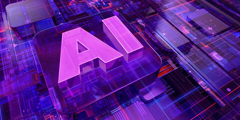 Artificial intelligence AI icon on a digital circuit board: neural network processing, machine learning algorithms, futuristic technology. Deep learning, predictive analytics, adaptive algorithms
