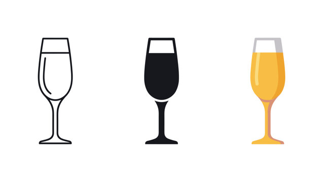 Set of three champagne flute icons: outline, solid black, and filled with yellow liquid