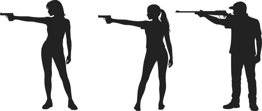 Silhouettes of armed individuals aiming pistols and rifle in shooting stances representing defense training, precision, and tactical action scenes