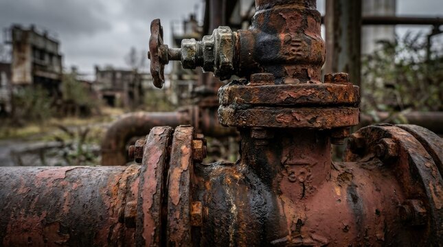 A weathered and rust-eaten pipeline abandoned deep within a decaying industrial zone, thick steel tubes corroded and pitted with decades of oxidation, flaking iron flanges and leaking valve fittings