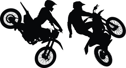 Silhouette of motocross riders performing extreme wheelie stunts on dirt bikes showcasing action, adrenaline, balance, and off-road racing excitement © Masum