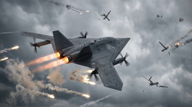 An interceptor drone executing a high-altitude engagement against a swarm of enemy combat UAVs, sleek military-grade quadrotor or fixed-wing interceptor with active countermeasure systems, multiple