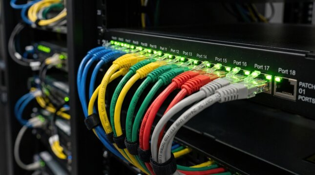Dense patch panel close-up with a cascade of Cat-5e LAN cables in five different colors plugged into consecutive ports with gentle looping cable management, illuminated green port indicator LEDs