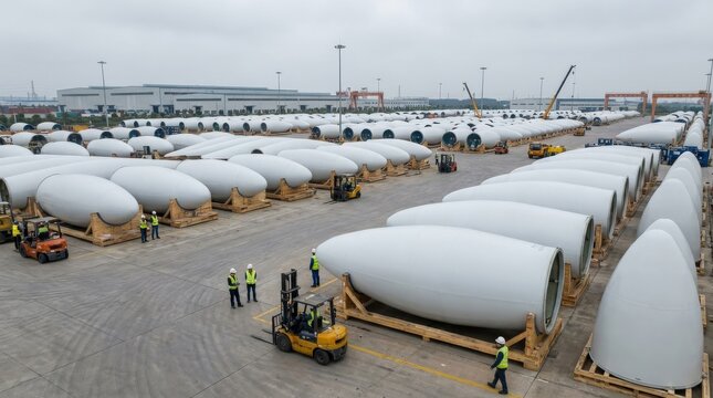 A row of towering wind turbine nacelle noses and spinner cones stored in a large factory yard, massive white fiberglass components resting on wooden cradles across a wide industrial storage area, the