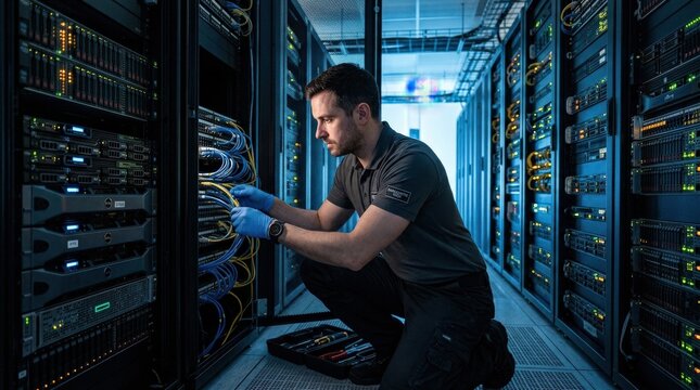 A dedicated data-center technician in a fitted gray polo shirt crouches before an open server rack, hands engaged with a cable connection, the soft blue-white glow of hundreds of active servers behind