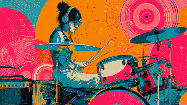 Musician female drummer 60s rock and roll girl band psychedelic trippy colorful rock and roll concert poster style illustration of a groovy woman playing drum kit in music musical band with copy space