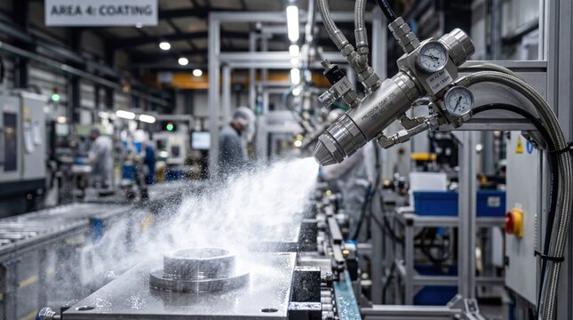 A precision industrial pneumatic spray nozzle directing a fine atomized mist stream onto a surface in a modern manufacturing facility, droplets catching harsh overhead factory lighting and forming a