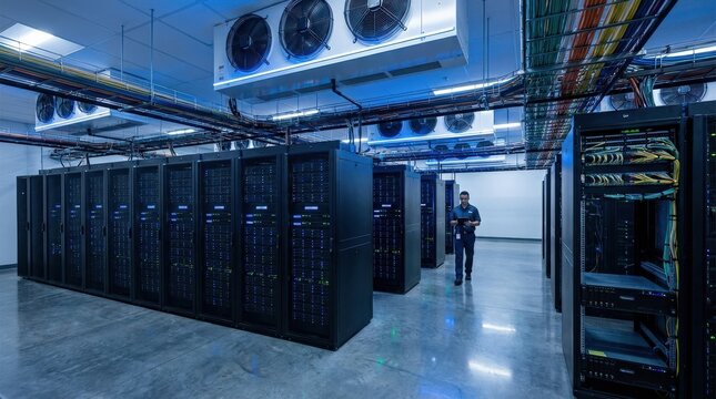 Orderly rows of enterprise-grade server racks inside a high-security data center environment, cooling systems maintaining low temperatures across hot and cold aisle configurations, hundreds of servers