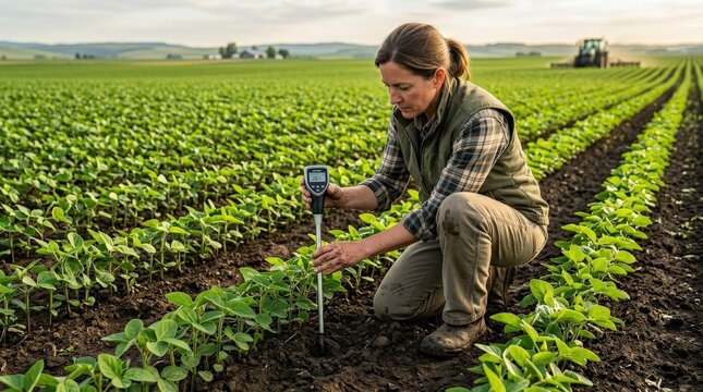 An agronomist kneeling in a lush green crop field, inserting a sleek digital sensor probe into moist dark soil to test moisture levels, young plant seedlings stretching toward the light in all