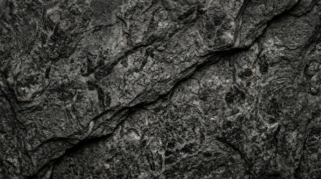 A dramatic extreme close-up of an ancient dark granite and slate stone surface, rough-hewn rock with natural fissures and deep black mineral patterns, the matte texture recalling centuries of