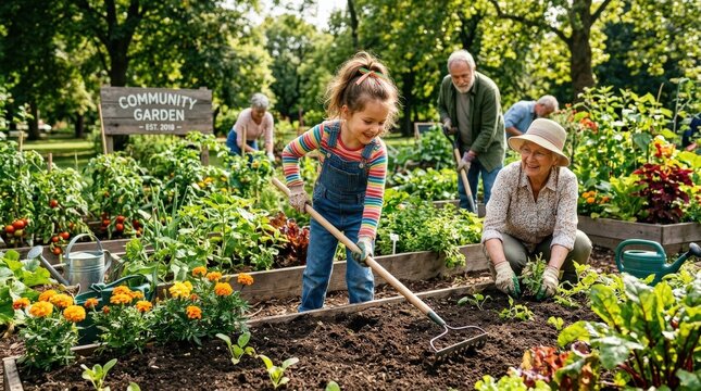 A small volunteer child enthusiastically working in a community garden, gripping a rake and helping to tend the earth alongside older volunteers, bright outdoor sunlight illuminating the lush green