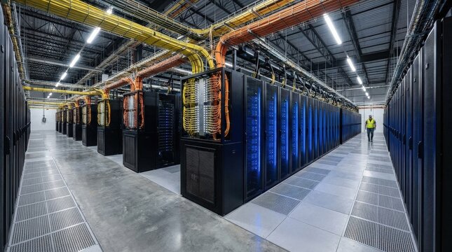 A high-capacity data center facility with rows of enterprise server cabinets housing cloud computing and telecommunications infrastructure, advanced networking hardware and fiber-optic distribution
