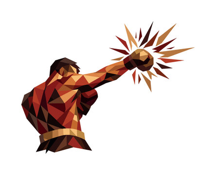 Low-poly vector illustration of a boxer completing an uppercut strike, faceted torso fully rotated with angular arm extended,