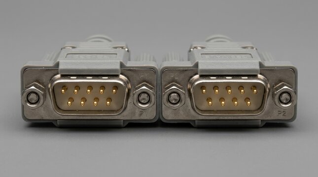 Macro close-up of two RS-232 DB-9 male serial port connectors side by side with fine gold-plated pin arrays and a mating hex-post locking mechanism, neutral studio grey background with a single