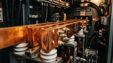 Naklejka na ściany i meble Heavy copper electrical busbar assembly inside a high-voltage power distribution cabinet with polished rectangular conductor bars stacked in parallel rows with ceramic insulator standoffs, warm raking