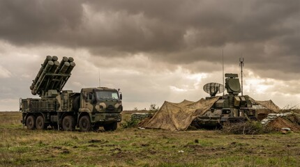 Fototapeta premium A modern anti-aircraft missile defense system deployed in a field environment, a wheeled or tracked launcher vehicle with multiple missile tubes elevated and ready for engagement, radar targeting and