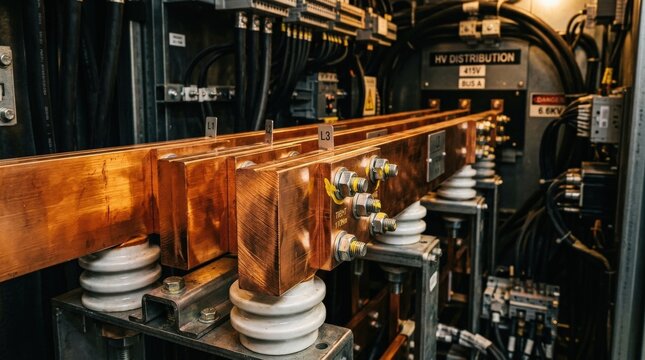 Heavy copper electrical busbar assembly inside a high-voltage power distribution cabinet with polished rectangular conductor bars stacked in parallel rows with ceramic insulator standoffs, warm raking