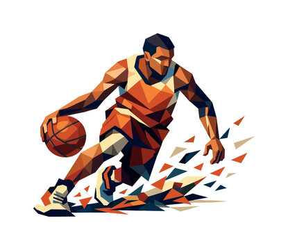 Low-poly vector illustration of a basketball player mid-crossover, angular faceted limbs frozen in dynamic motion with ball