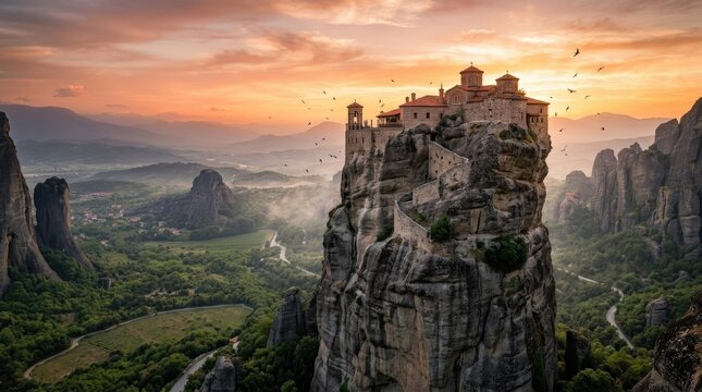 An ancient cliff-top monastery at Meteora dramatically balanced on a sheer grey sandstone pillar, perpendicular rock faces plunging hundreds of meters to a verdant valley below, warm sunset light