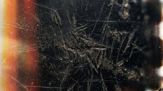 Aged black surface covered in heavy grunge texture, deep scratches carved into the dark background, layers of fine dust particles and grit accumulating across the field, degraded analog film grain