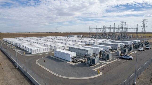 A commercial-scale energy storage power station in full operation, large battery container units and power conversion facilities spread across a secure compound, visible connections to the regional