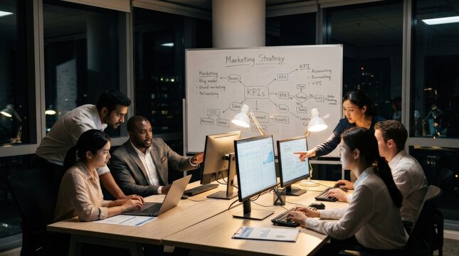 A group of business professionals and interns working together at computers late at night in a modern office, a manager and mentor guiding the team through a marketing strategy and KPI planning