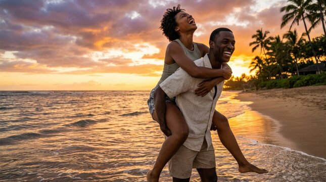 A Black couple laughing and enjoying a playful piggyback ride on a tropical beach at golden sunset, the warm ocean and colorful sky behind them, summer holiday energy and joyful romantic adventure,